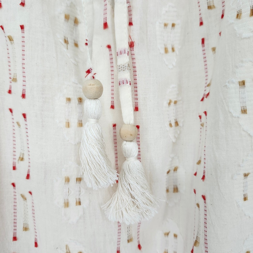 Faherty Sunburst Dobby Skyler Blouse Womens Medium Earthy Whimsy Dainty Tassel - Picture 10 of 10